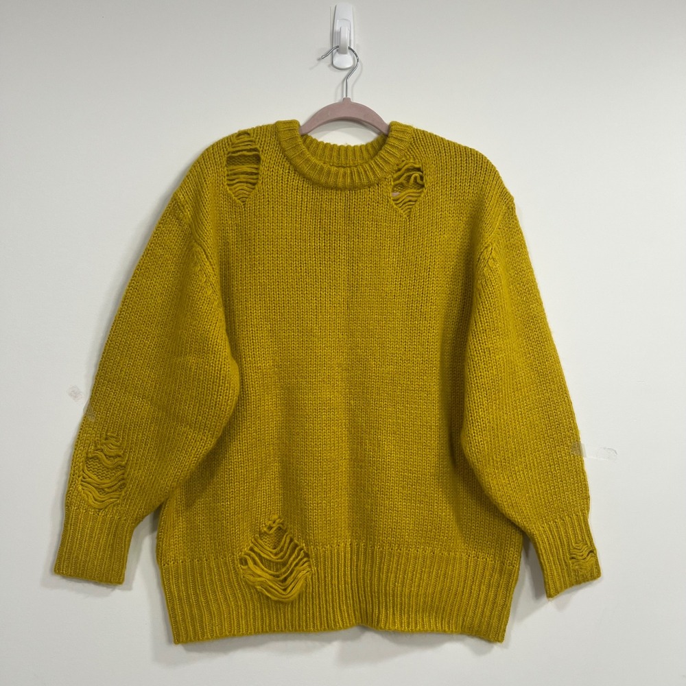 OAK + FORT‎ Mustard Yellow Distressed Knit Oversized Sweater Womens XS